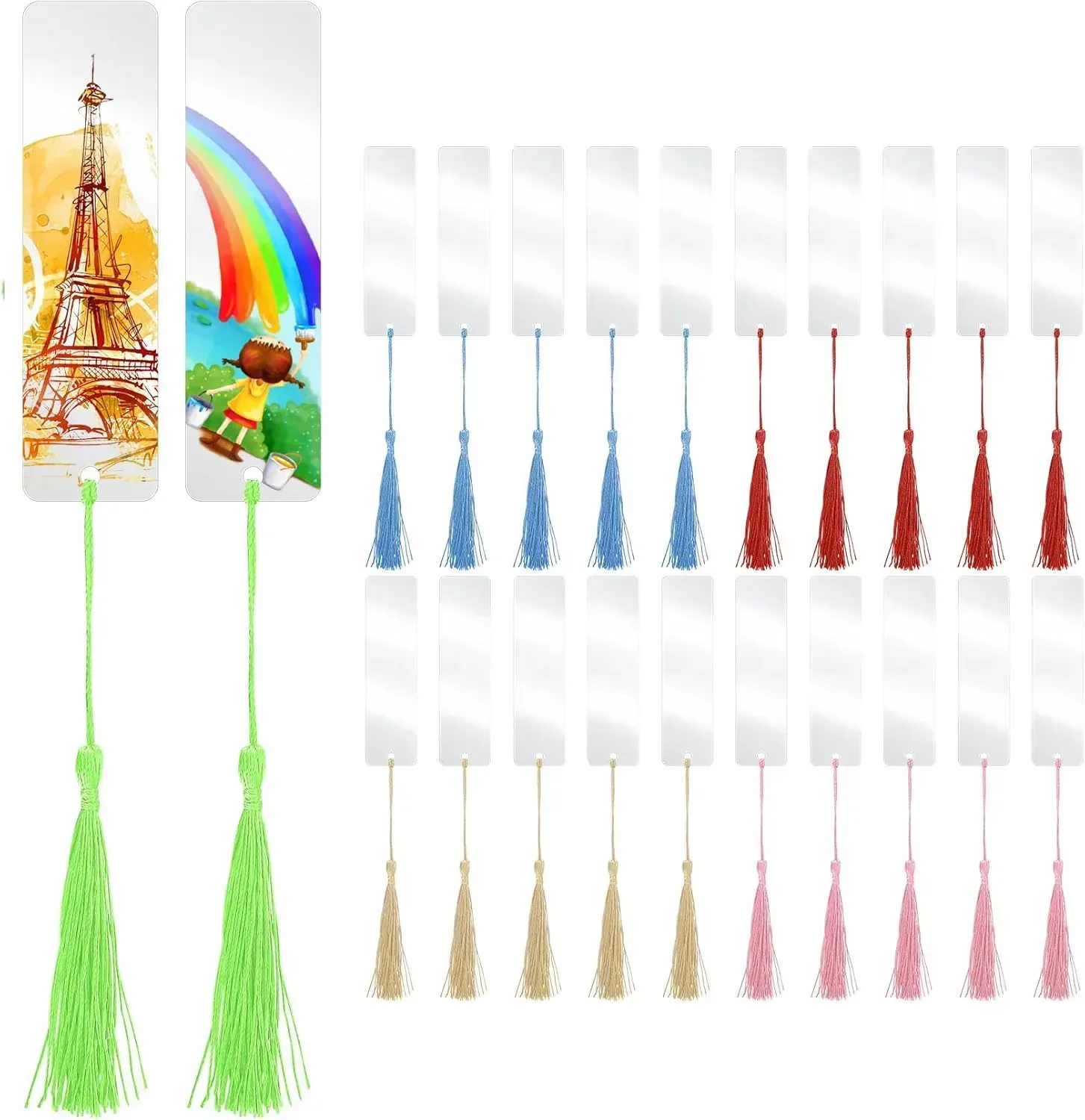 Set de 40 marcapáginas acrílicos transparentes con borlas de colores