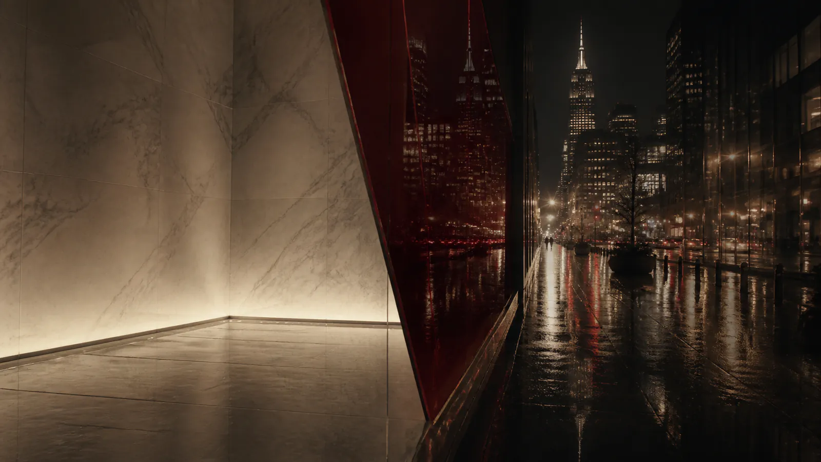 Nueva York de noche entre reflejos color marfil y burdeos
