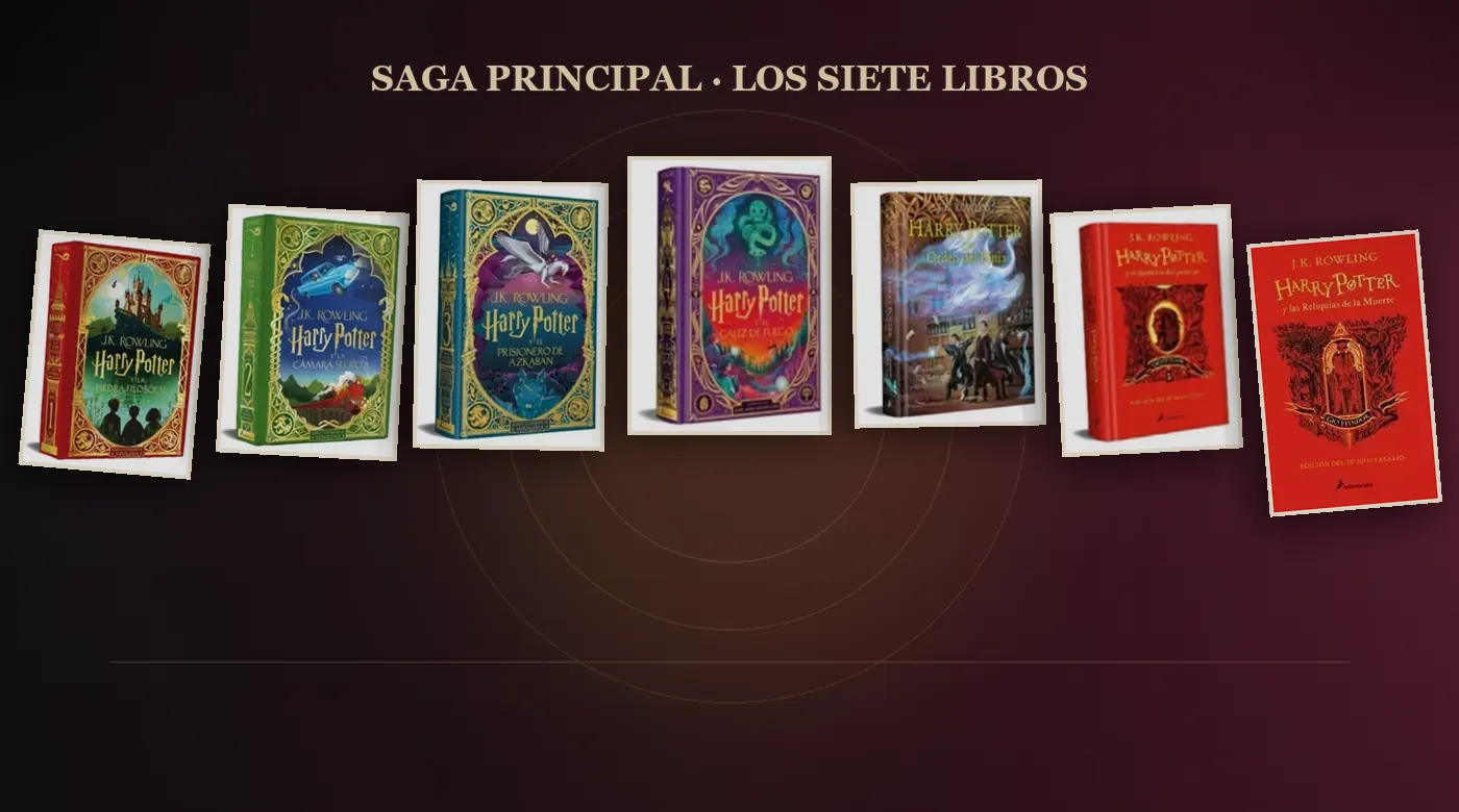 Composición con las portadas reales de los siete libros principales de Harry Potter en orden