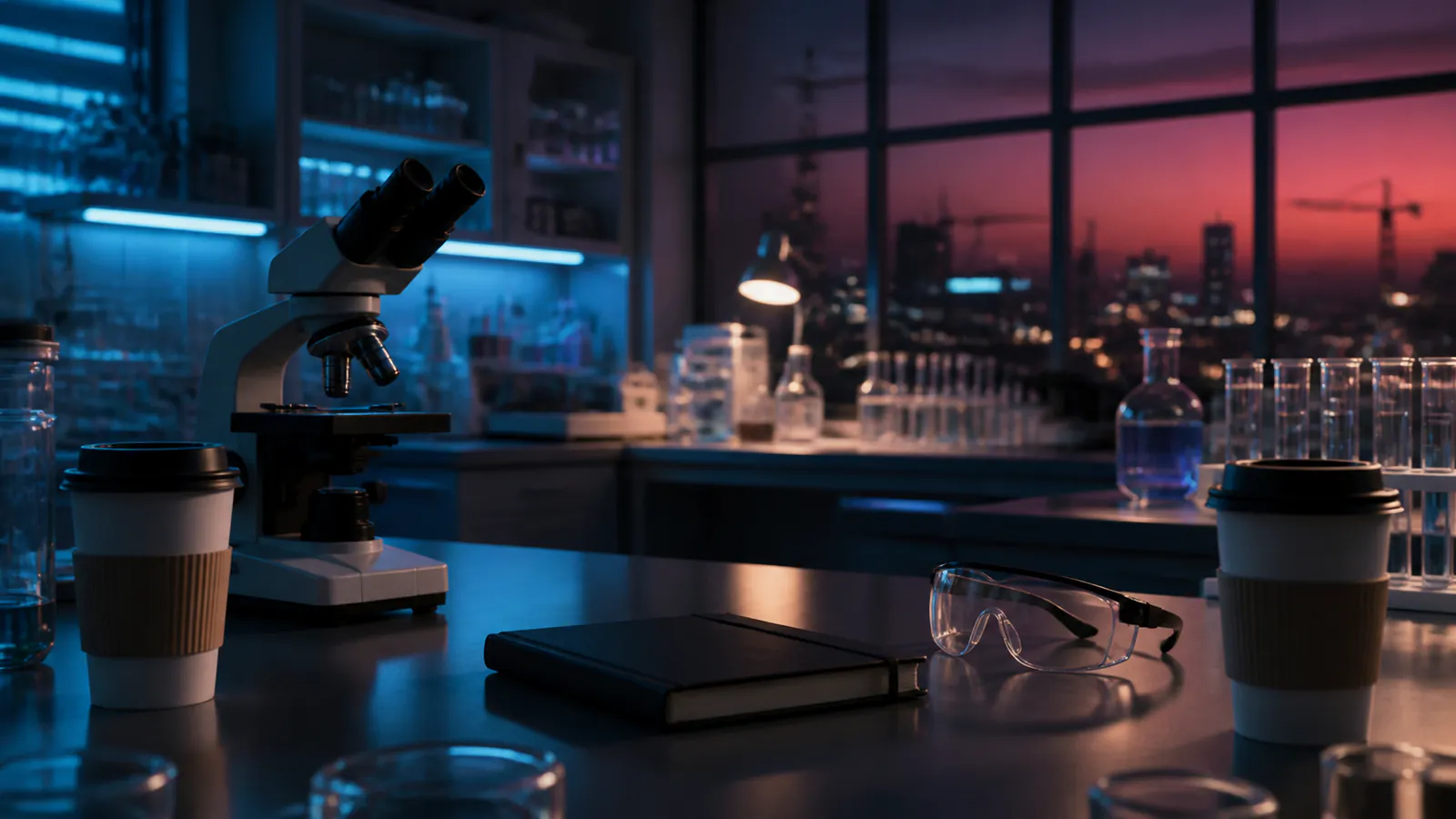 Microscopio, cuaderno de investigación y dos tazas en un laboratorio iluminado en rosa y azul