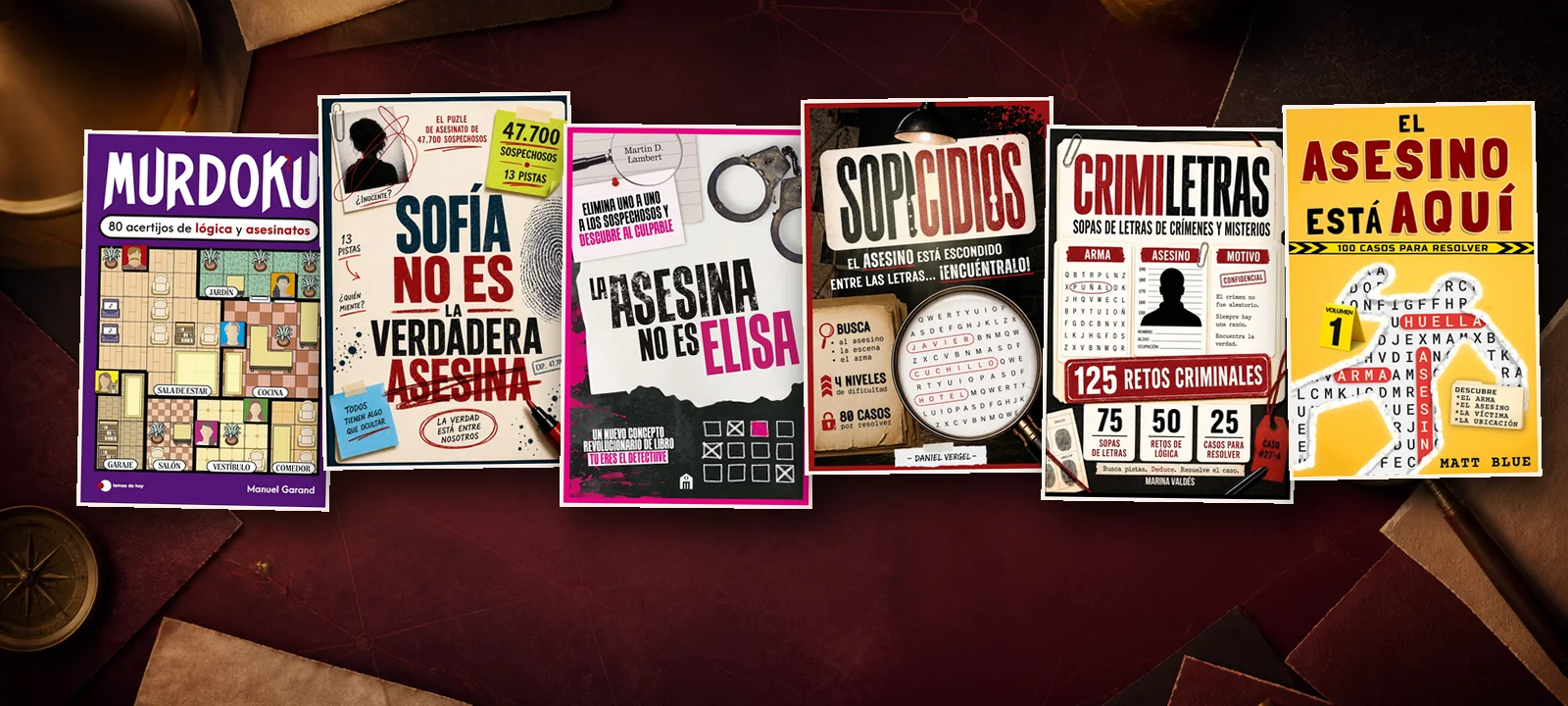 Portadas de seis libros de acertijos de misterio y crímenes para resolver