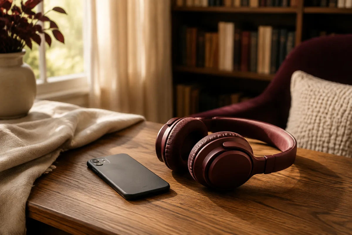Auriculares granate y un móvil en un rincón de lectura