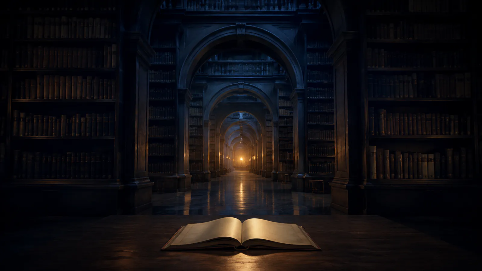 Biblioteca nocturna de grandes arcos con un libro abierto y una luz cálida al fondo