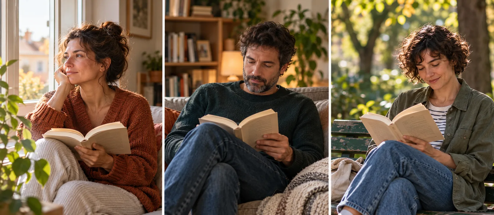 Tres personas leen en momentos distintos: junto a una ventana, en un salón y en un banco al aire libre